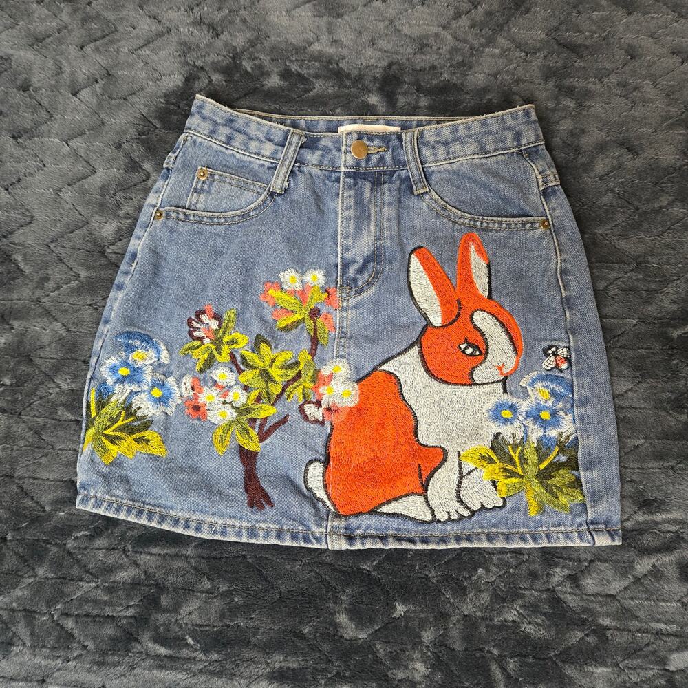 Vintage Korean Embroidered Y2K Whimsy Bunny Floral Denim Skirt - Size S